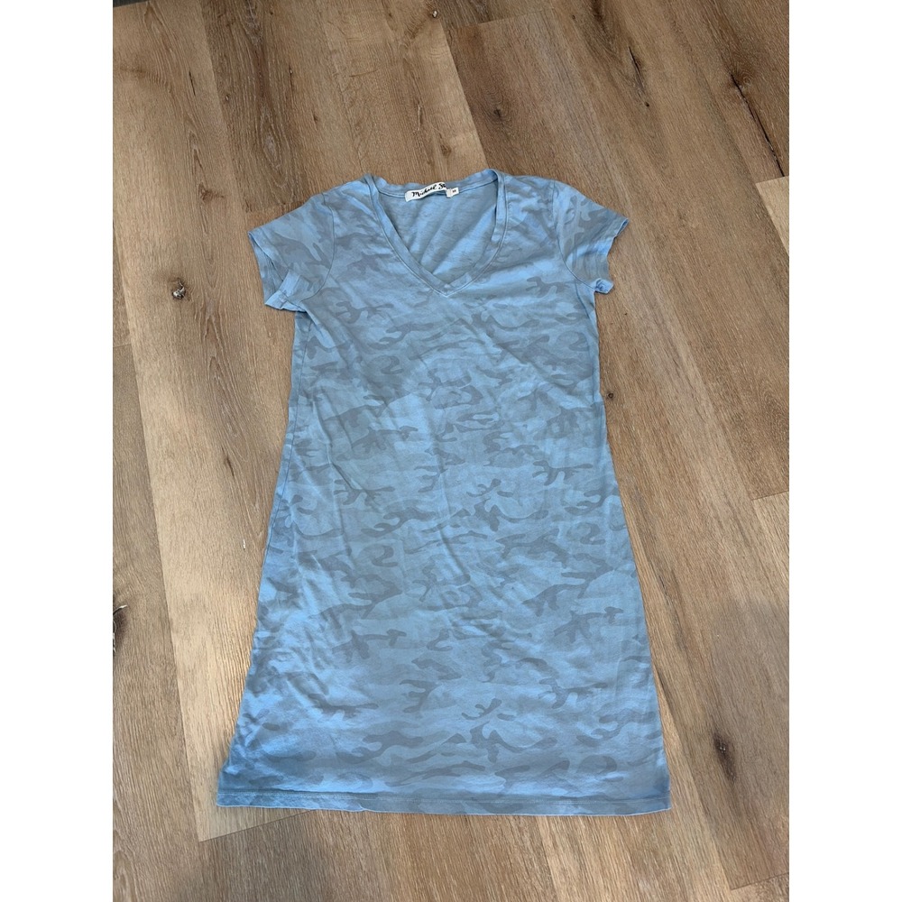 Michael Stars Blue Camo V-Neck T-Shirt Dress Short Sleeve Slub Knit Mini XS